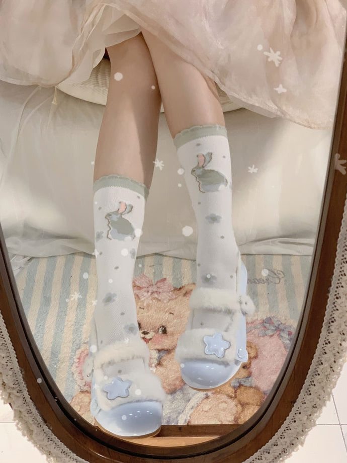 Accent Flats Button Star Baby Plush Lolita Sweet Detail - Cozy for Snap Blue Strap Winter