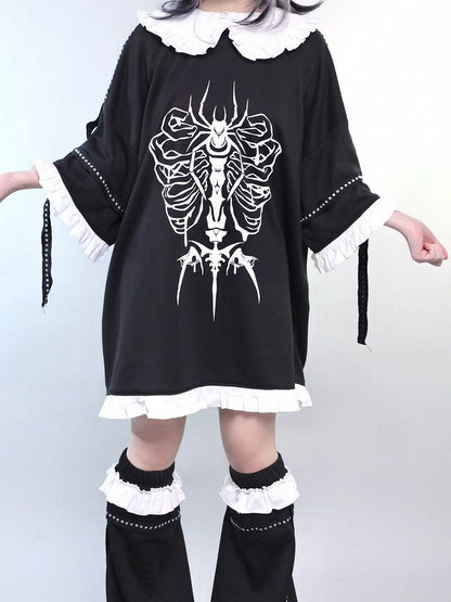 Trim Kei Ruffles Insect Decorated Pan Peter Leg With Jirai Print Studs Collar T-shirt Black Warmers