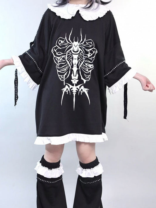 Trim Kei Ruffles Insect Decorated Pan Peter Leg With Jirai Print Studs Collar T-shirt Black Warmers