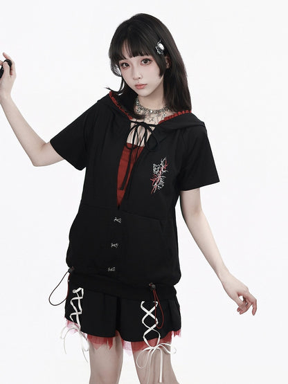 Cute Black Hooded Crop Top with Red Strappy Tube Undergarment Set