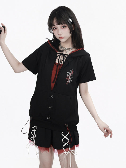 Cute Black Hooded Crop Top with Red Strappy Tube Undergarment Set