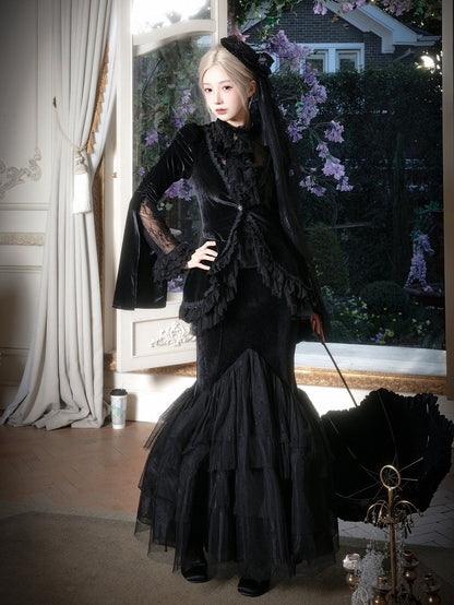 Black Embroidered Lace Blouse with Velvet V-Neck Coat and Layered Mermaid Skirt - DevilInspired Exclusive Collection