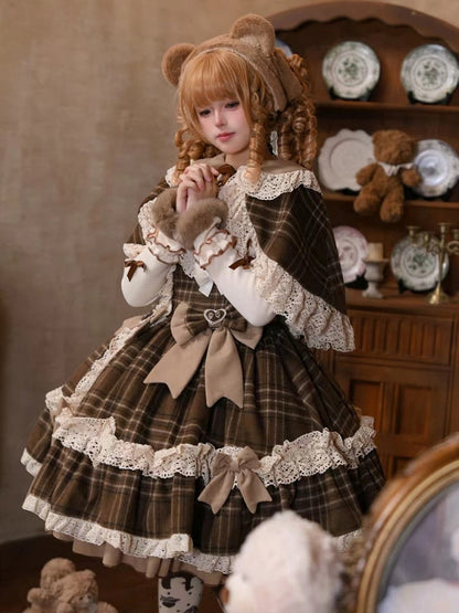 Lolita Apricot JSK Top Autumn/Winter Plaid Reversible Brown + Cape Dress