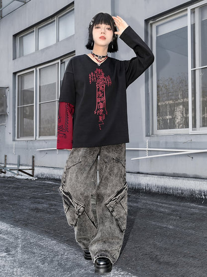 Gray Vintage Pockets Distressed Asymmetrical Jeans Wide-Leg with