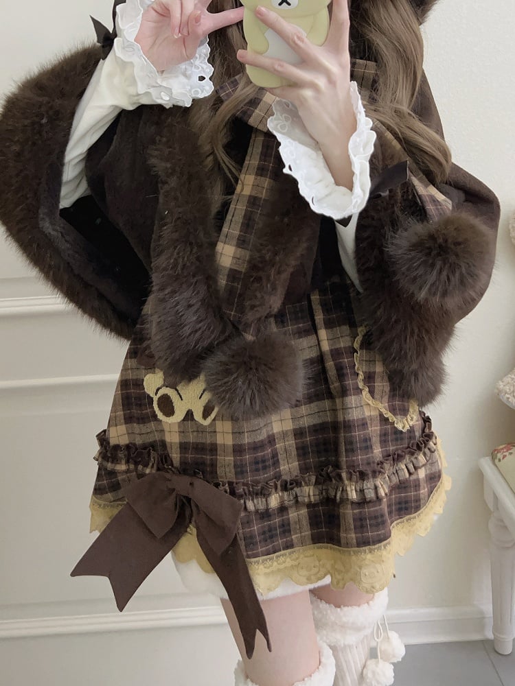 Sleeves Kawaii Soft Brown Plaid Dress Flutter with
