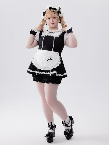Jirai-kei Maid 4-Piece Set: Dress, Wrist Cuffs, Bloomers, Apron - Fluffy Heart