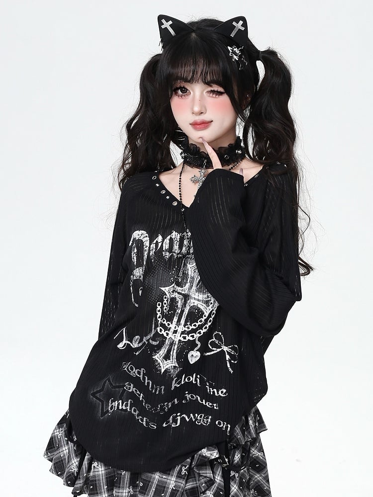 Graffiti with Punk Print Eyelet Top Neckline Semi-Sheer Black Metallic