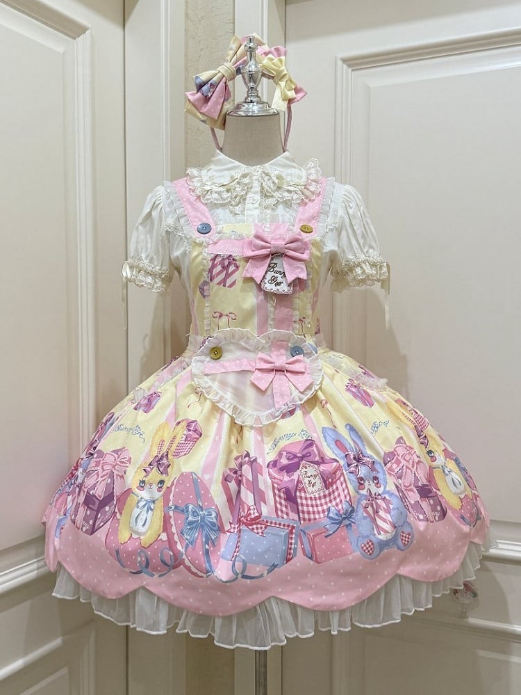 Dress Gift Sweet Yellow Box Print Overall Bunny and Lolita