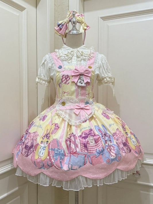 Dress Gift Sweet Yellow Box Print Overall Bunny and Lolita