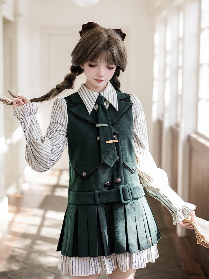 Style Tonal Green Bloomers Tie Two-pieces OP Preppy Hat Fake Lolita +