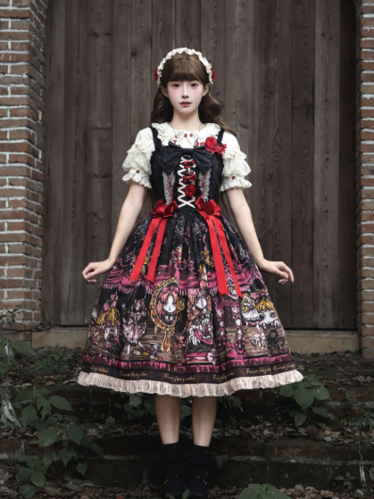 Pink Black Apple Embroidery Bow JSK Dress with Red Shoes Story - Forest Fairy Tales