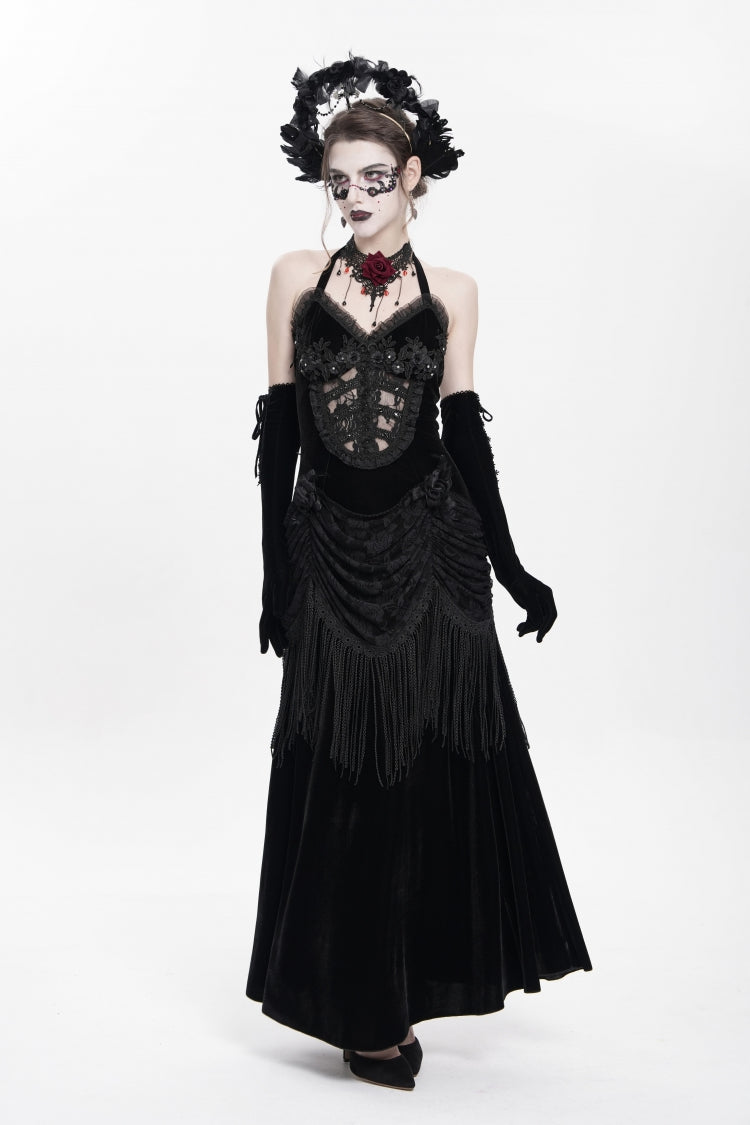 Black Hollow Floral Embroidery Lace-Up Pleated Maxi Dress