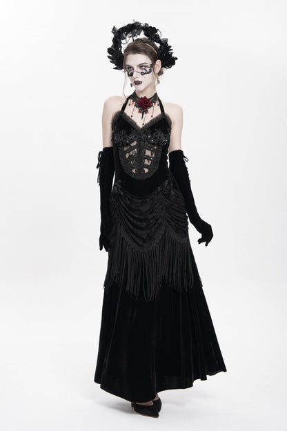 Black Hollow Floral Embroidery Lace-Up Pleated Maxi Dress