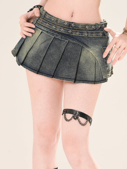 スカート ローウエスト ブルー/ブラック クロス装飾 ミニプリーツ デニム