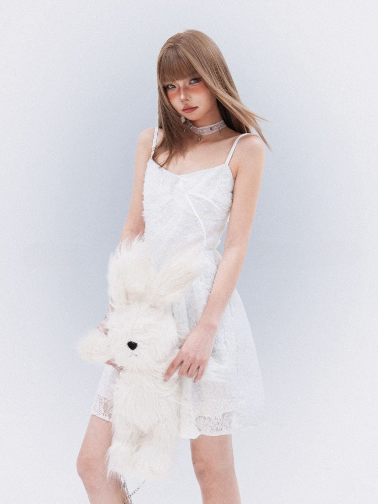 Cami Dress with Self-Tie Bow Elegant Lace White Thigh-length