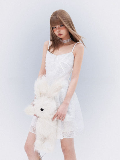 Cami Dress with Self-Tie Bow Elegant Lace White Thigh-length