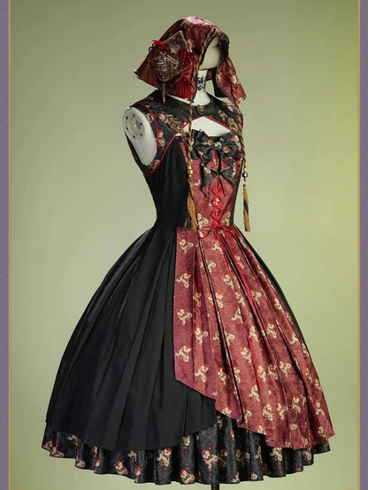 Retro Floral Print Lolita JSK with Layered Skirt - Neoludwig