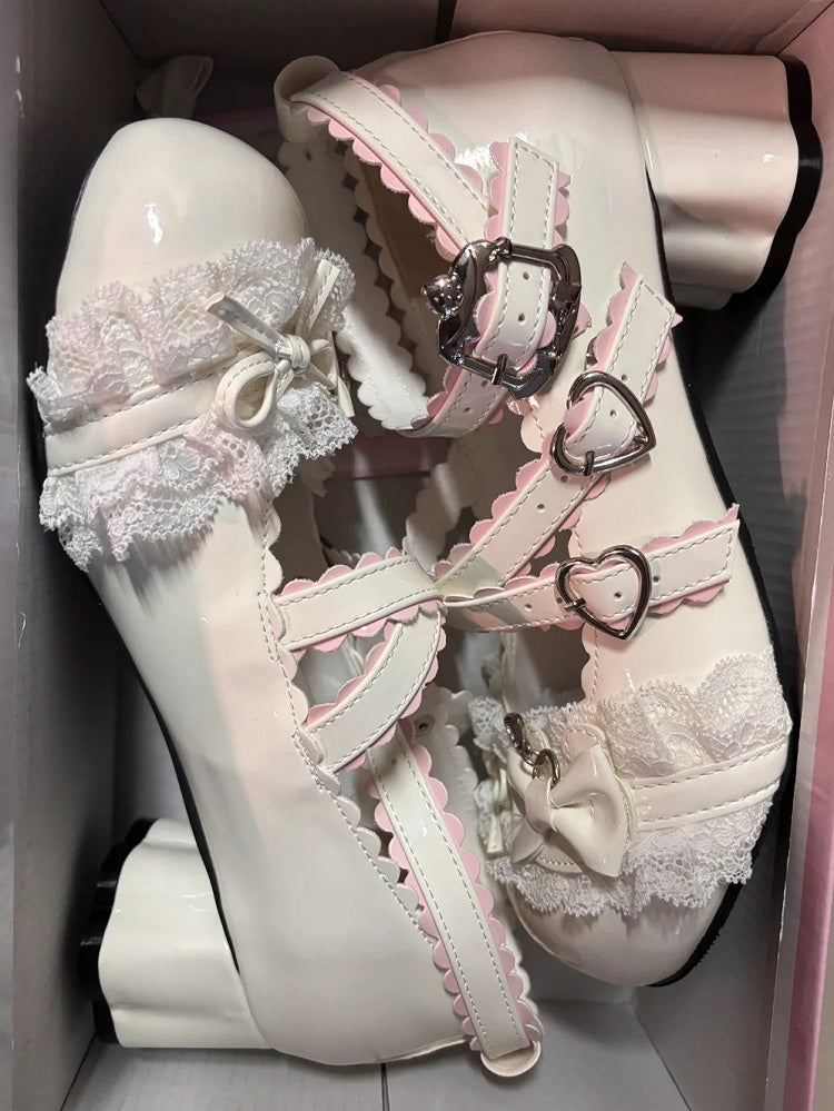 in with White PU Mid-heel Janes Mary Leather Bow Accents