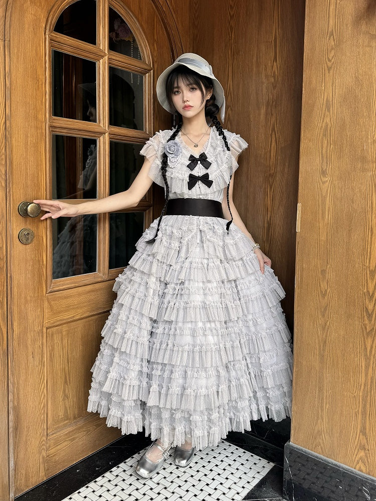 Elegant Waist + Cotton Skirt Tulle Lolita Vest Set Multi-layered Mesh Classic Gray Belt Dotted -
