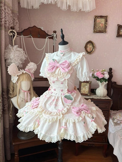 Strawberry Pink and Lace Dot Dress Gentle Lolita Details with Bow JSK Polka Themed Apricot
