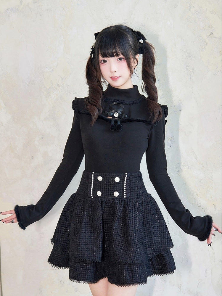 Jirai Kei – Schwarzes Oberteil mit Plüschbesatz, Cut-Out-Detail, Schleife und Strassverzierung