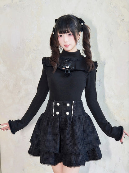 Jirai Kei – Schwarzes Oberteil mit Plüschbesatz, Cut-Out-Detail, Schleife und Strassverzierung