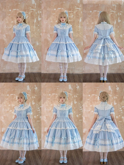 Dress Cotton Old Sleeves Edward Blue Neck Short Lolita OP Set School