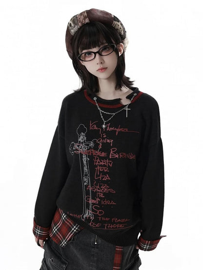 Y2K Black Sweater Print Plaid Distressed Red with Cross Cuffs