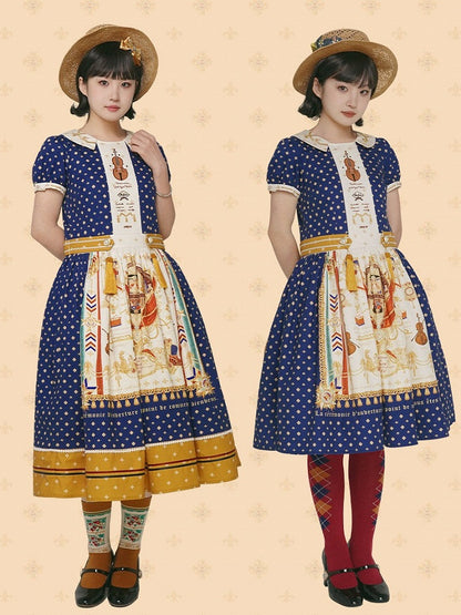 Long Dark Blue Musical Print Peter Pan Collar OP Dress with Tassels - Crucis Universal Tailor Company