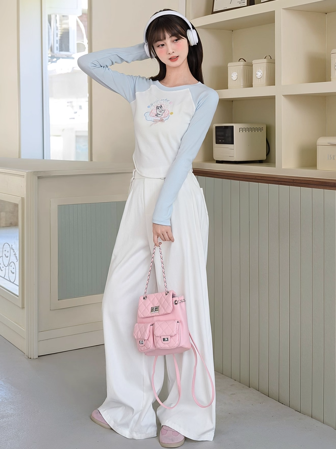 漫画のキティ刺繍、青と白のカラーブロックデザイントップス