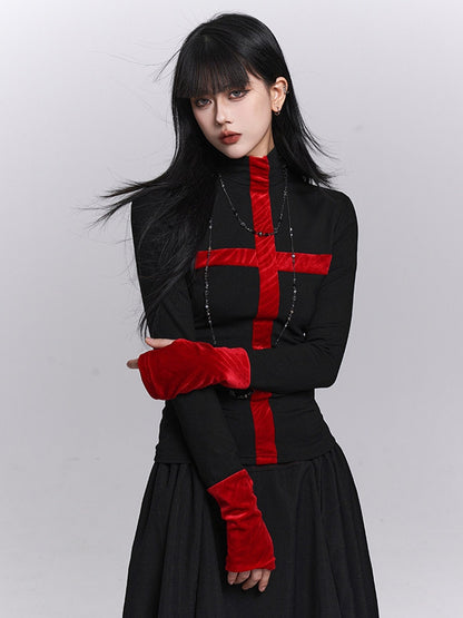 Neck Long Gothic Design Mock Cross with Sleeves Top Cuffs Black Thumbhole Red