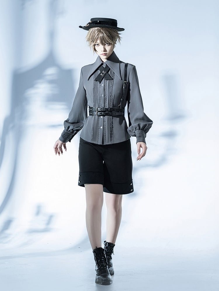 クライン グレー ブルー＆ポイントカラー ロングシャツ プリーツ フォールドオーバー ディテール レース/プリンススリーブ