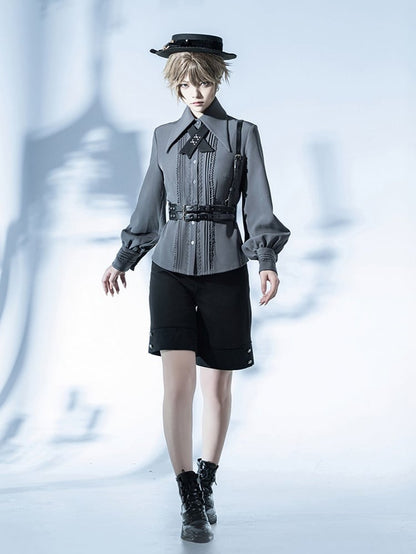 クライン グレー ブルー＆ポイントカラー ロングシャツ プリーツ フォールドオーバー ディテール レース/プリンススリーブ