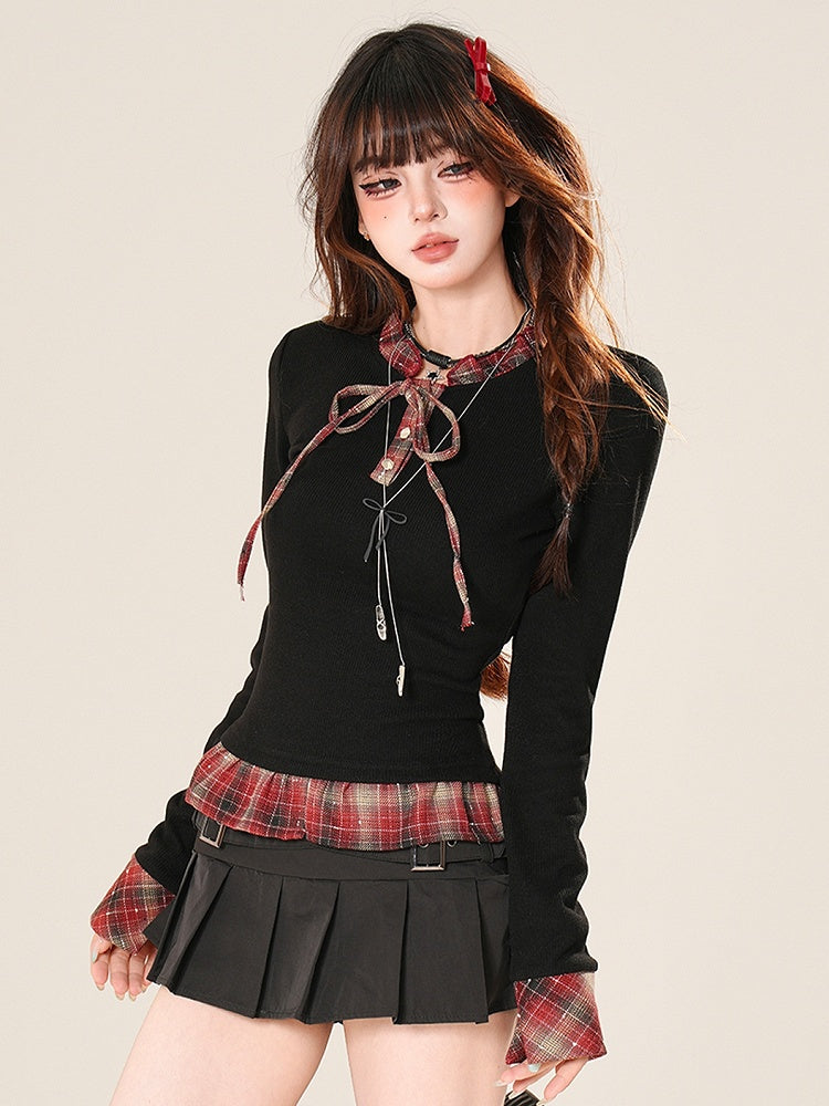 Muster Top Ärmel Plaid Lange Rüschen Schwarz Glamourös Bittersüß Trim