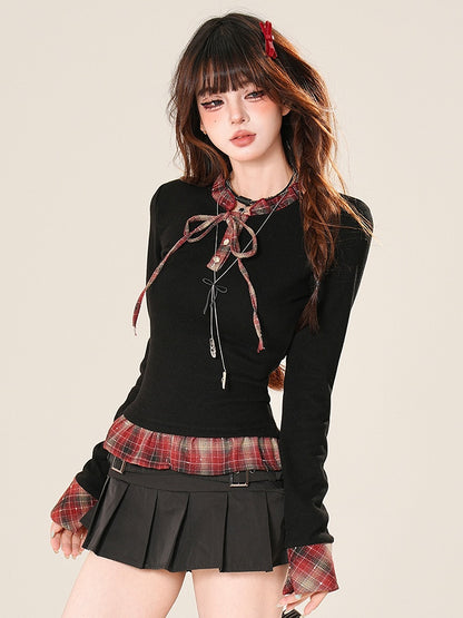 Muster Top Ärmel Plaid Lange Rüschen Schwarz Glamourös Bittersüß Trim