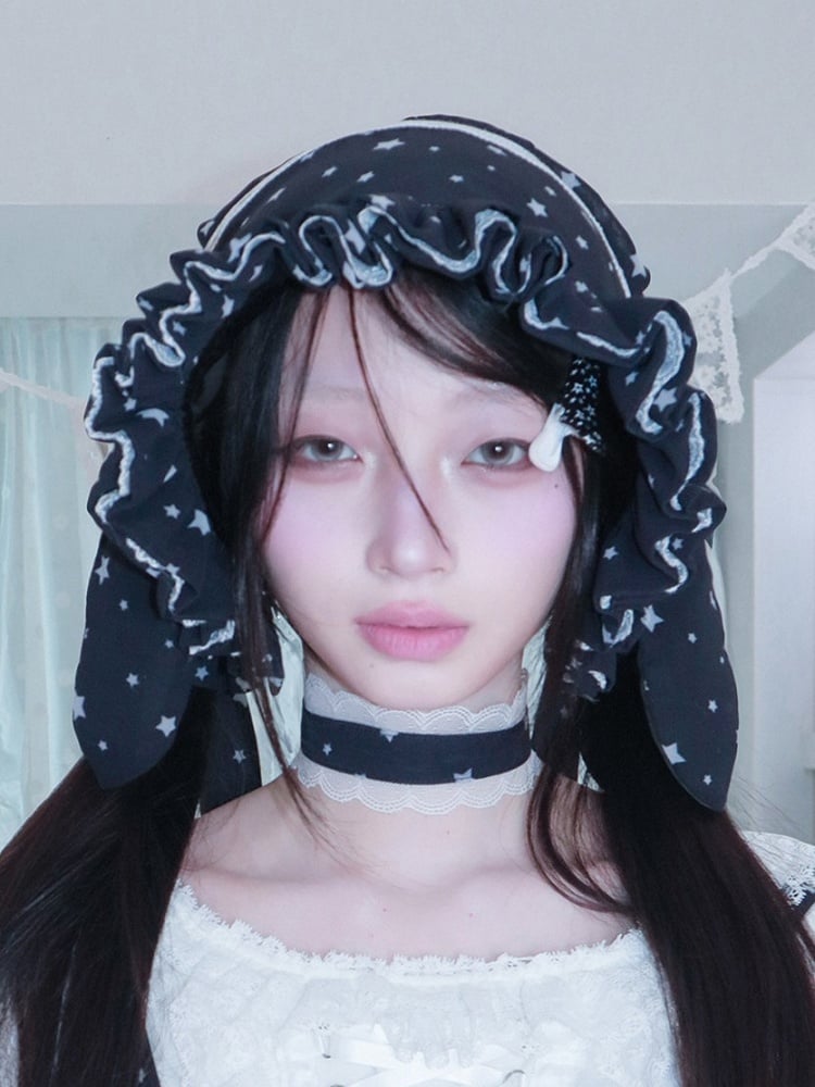 Navy Star Print Trim Bonnet White Blue Chiffon Bunny with Lace Ear