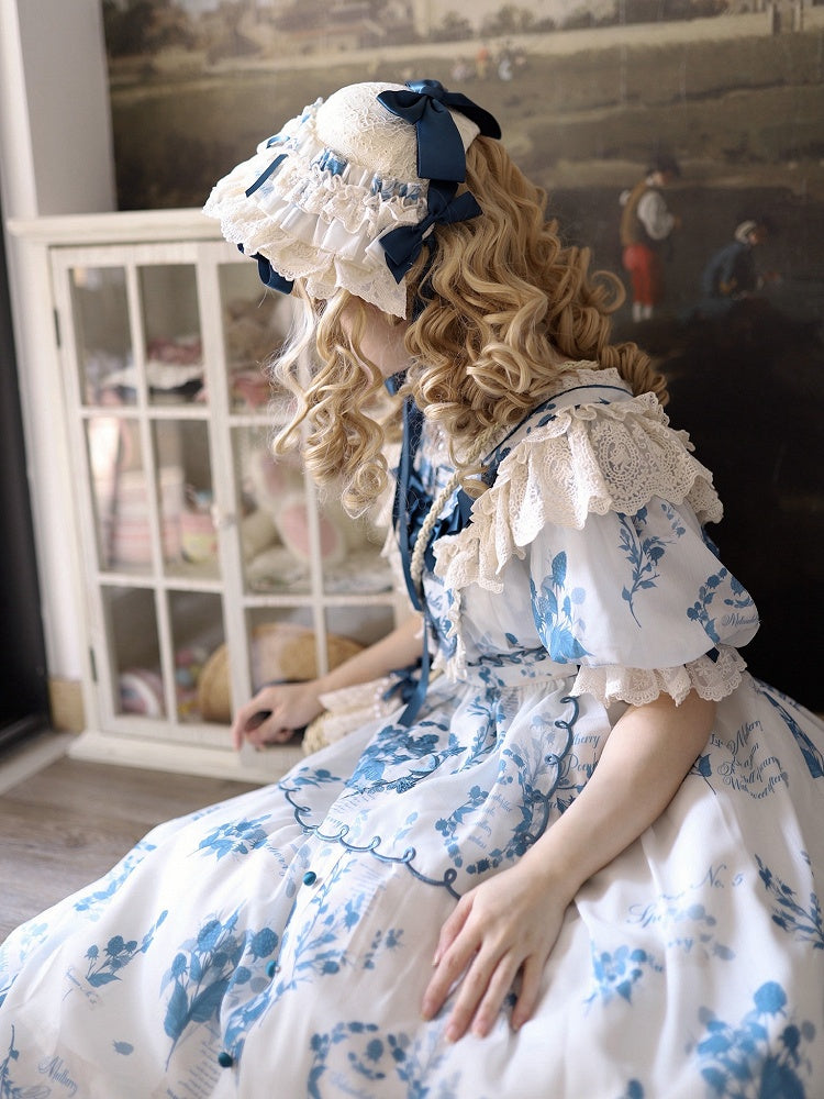 Lolita Beige Floral Design Blue Hat and
