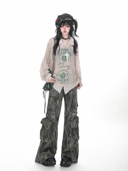 Grau/Grün verblasste Vintage Dark Wash Wide-Leg-Cargojeans mit Reißverschlussbündchen