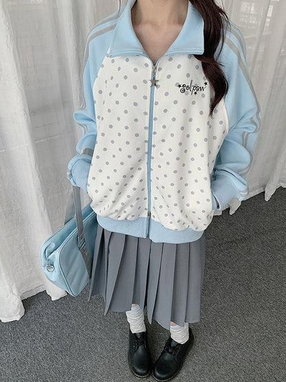 White Y2K Polka-Dot Zip-Up Jacket Featuring Stand Collar Style - Solkatt