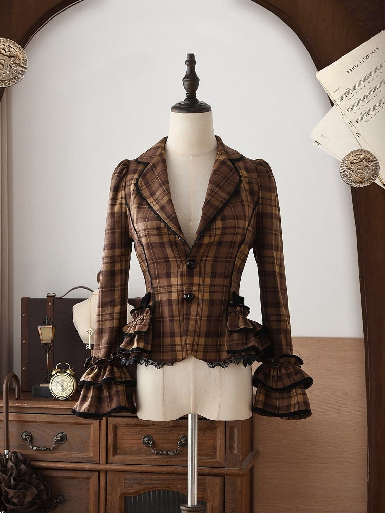 School Brown Blazer Old Notched Skirt Ruffled Plaid + - Lapel Lolita Set