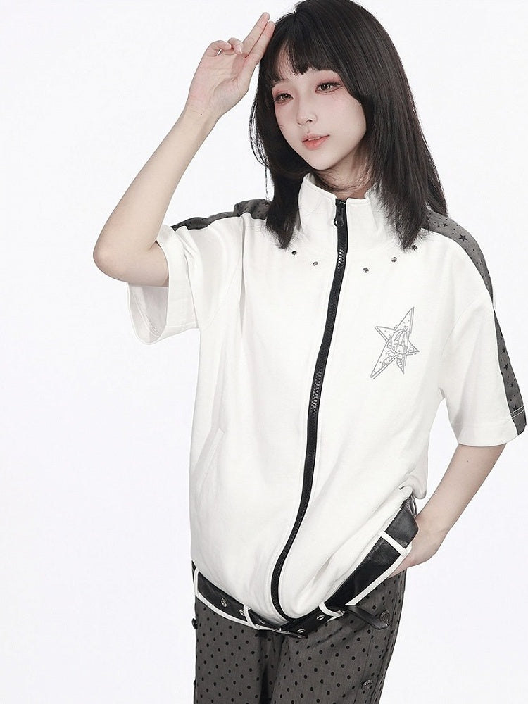 Star Print Zip-Up Jacket with Belt Accents in White and Gray - PINK SAVIOR