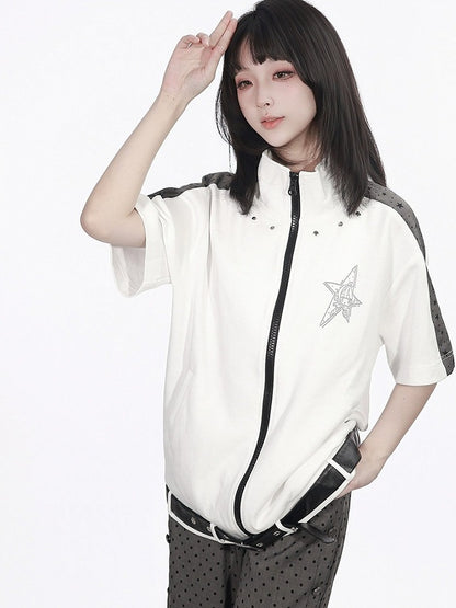 Star Print Zip-Up Jacket with Belt Accents in White and Gray - PINK SAVIOR