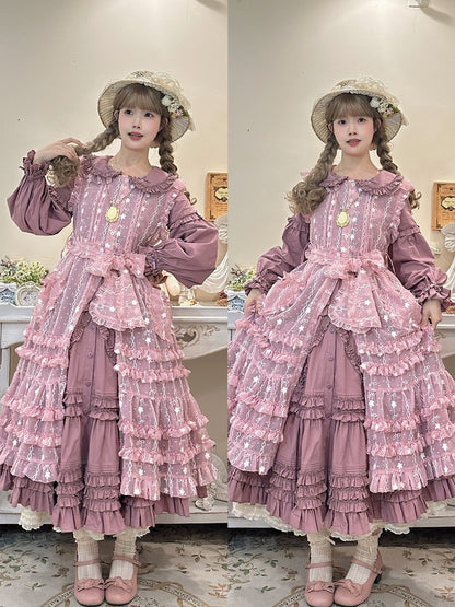 Floral Overdress Lolita Pattern Pink with Bunny Hood Ear Ruffled