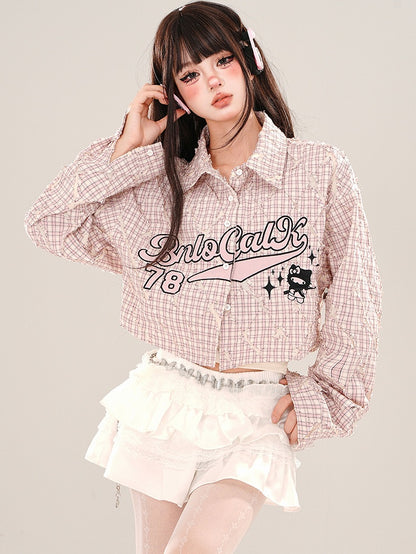 Green/Pink Letters Plaid Cropped Shirt