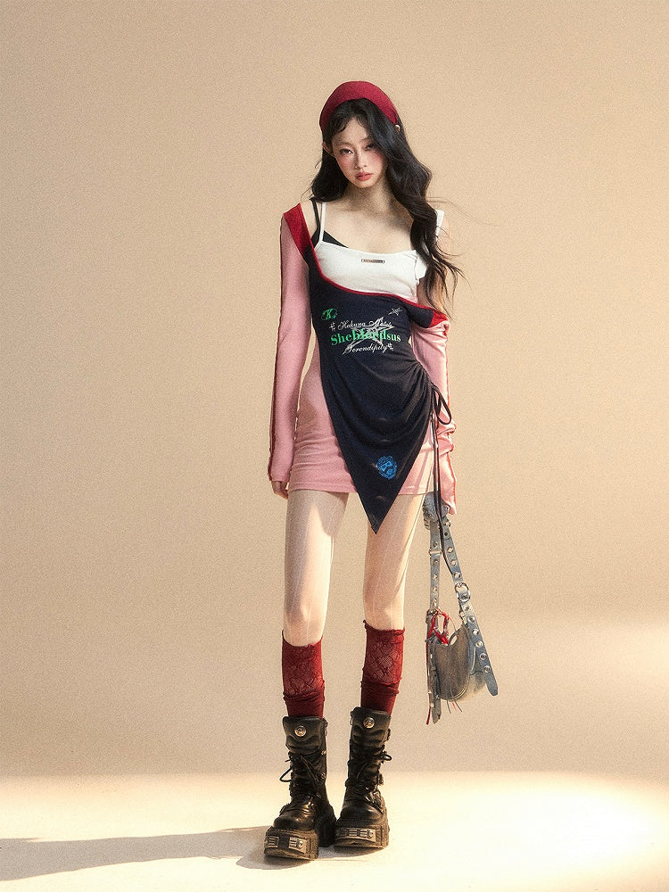 Taille Patchwork Design Glamouröse Rosa Kleid Hohe Mini