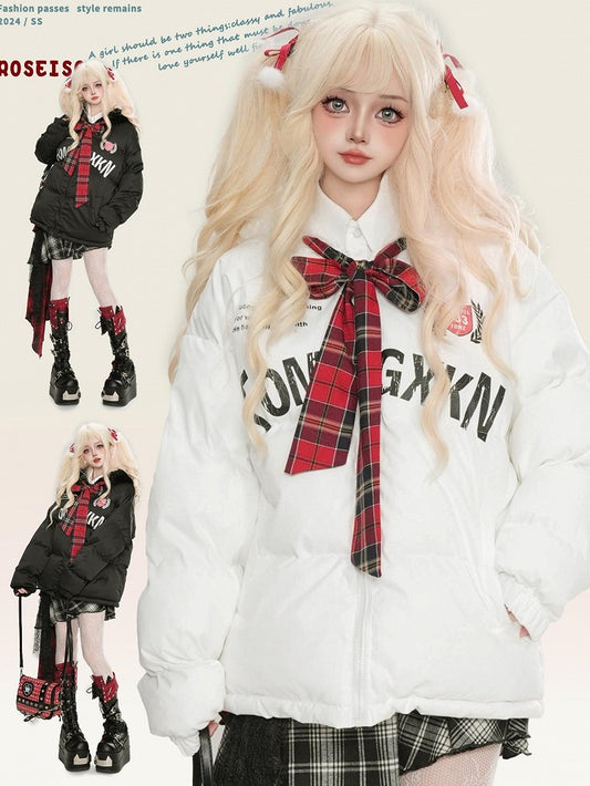 Schwarze/weiße Jacke mit Buchstaben-Print und selbstbindender Schleife und Kapuze