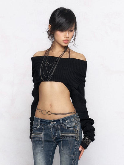 Long Loose Knit Collar Top with Black Short Sleeve Adjustable