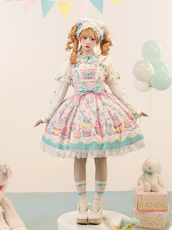Blue Prints with and Sleeves JSK Trim Dress Flutter Pink Lolita Lace Sweet Cupcake