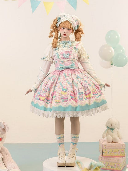 Blue Prints with and Sleeves JSK Trim Dress Flutter Pink Lolita Lace Sweet Cupcake