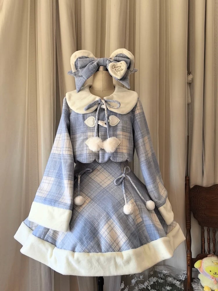 für Kleid Blau Herbst und gepaart mit Besticktem Wintermantel Süße Lolita Plaid Kirsche